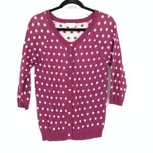 ModCloth 3/4 Sleeve Cardigan Sweater Womens Size Medium Purple White Polka Dot